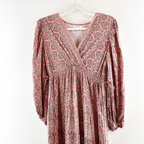 Max Studio Long Sleeve V Neck Printed Midi Dress Maroon Red Small - Picture 4 of 11